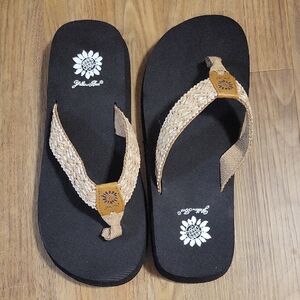 NWOT Yellow Box Black and Tan Sandals with Woven Straps